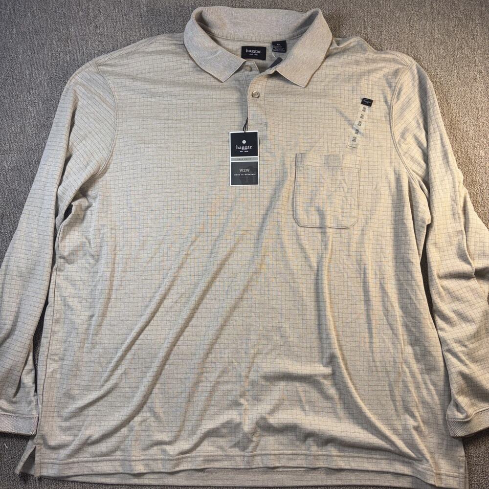 Haggar Men’s Long Sleeve Collared Shirt Polo Style Pocket Beige NWT XXL